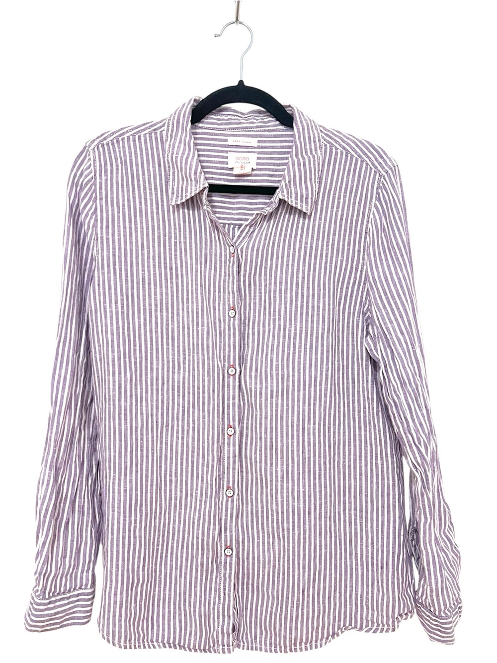 Sigrid Olsen Striped Linen Button Down Shirt with Red Detail, Large